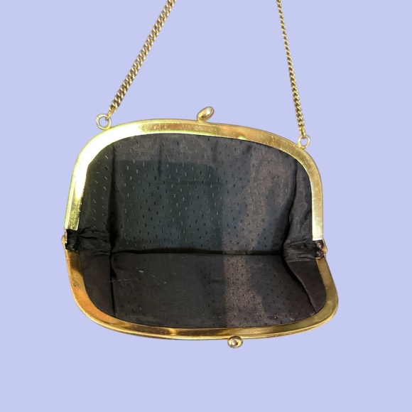 Vintage 50s Black Velvet Evening Clutch Pouch Bag Satin Bow Gold Chain Handle - Picture 4 of 5